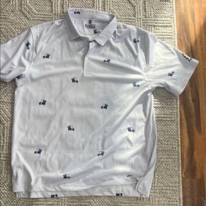 Men's White Polo Shirt with Blue golf carts. size large